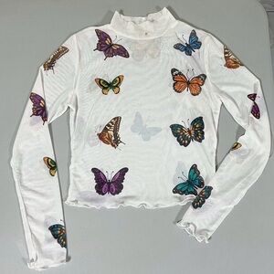 White Butterfly Butterflies Long Sleeve Turtleneck Shirt Top Blouse Size S 🦋✨